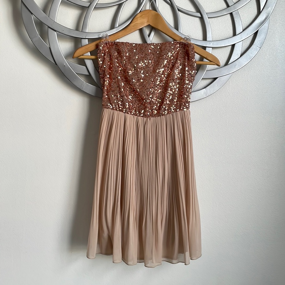 Strapless sequin bodice short dress.